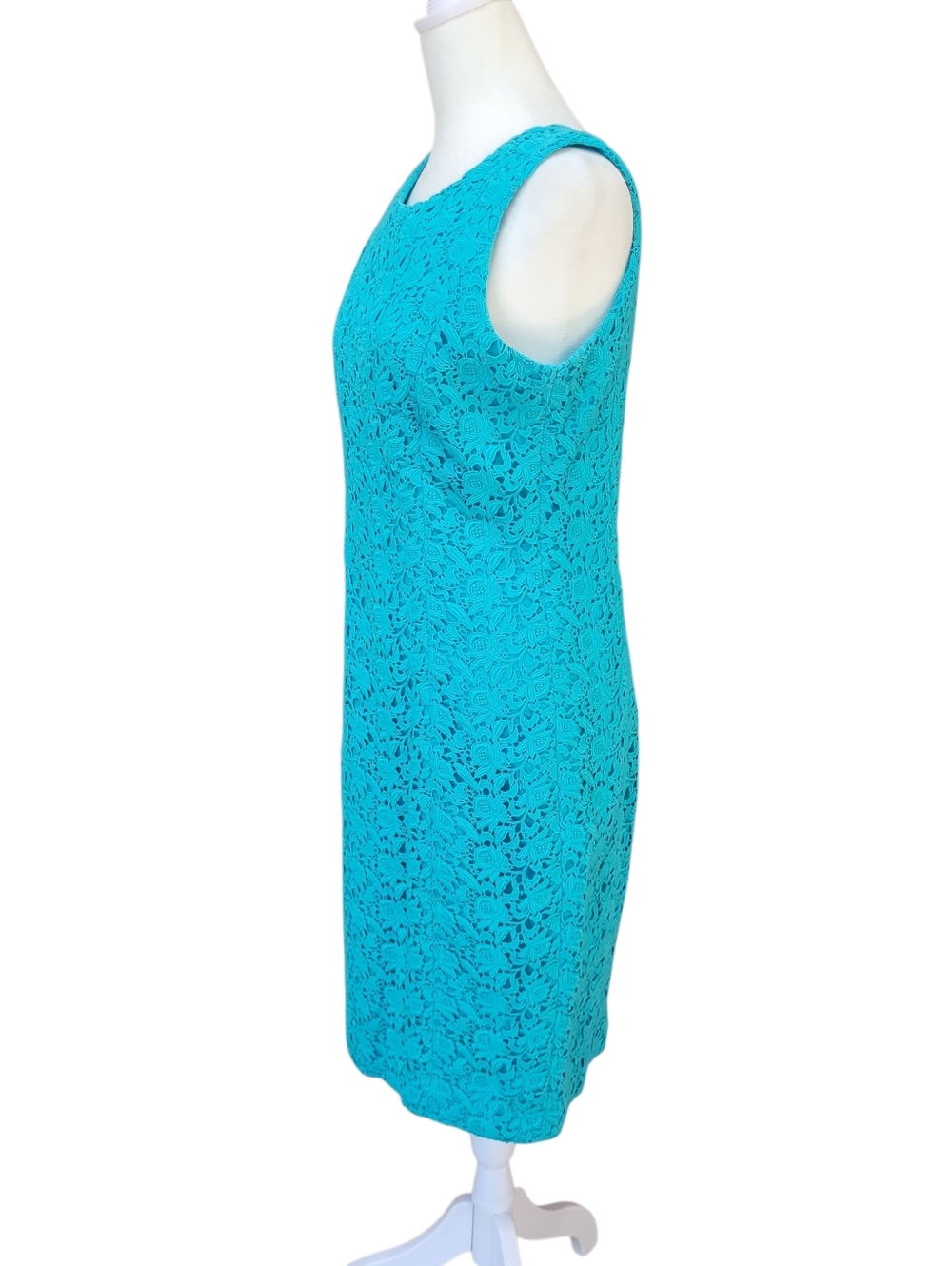 Talbots Turquoise Lace Sheath Dress Sleeveless Knee Length Lined Elegant Size 6 - Picture 3 of 13